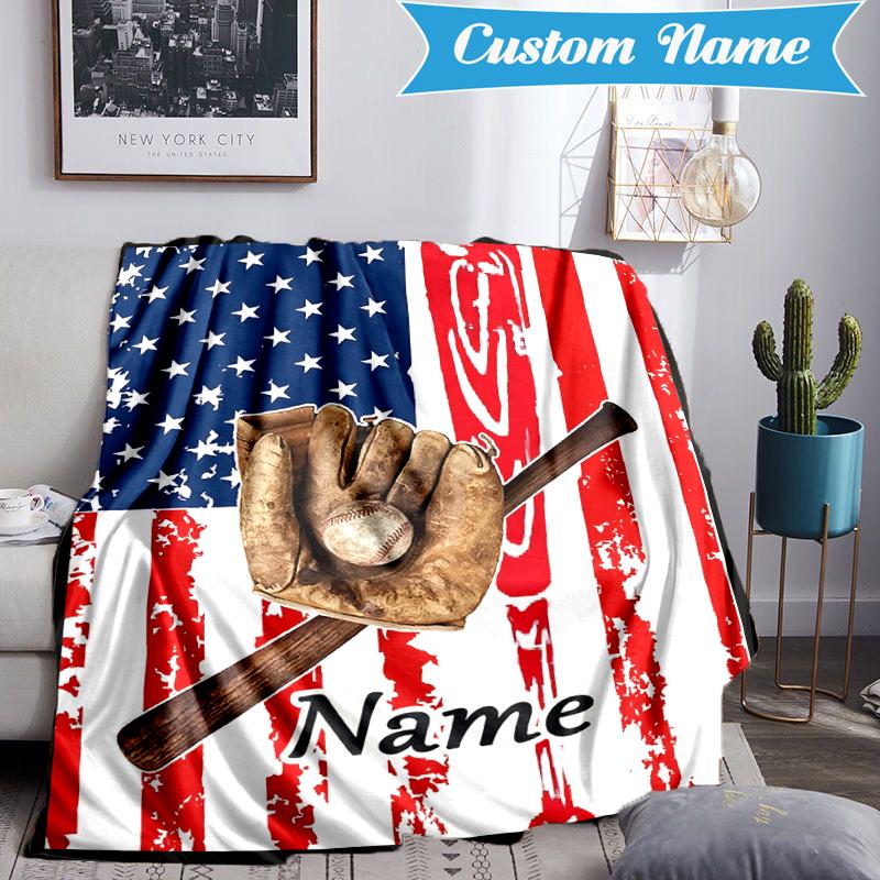 Custom Name Baseball Glove Bat Blanket Lightweight Ideal Bedding Blanket Perfect for Travel, Camping, Living Rooms, Sofas, Christmas Gift