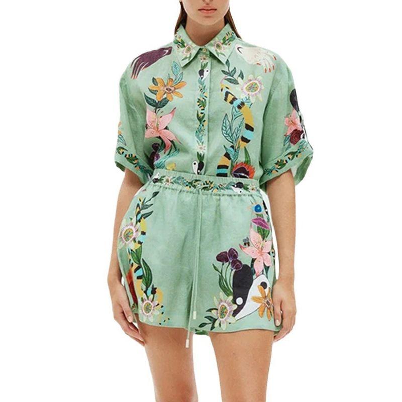 

2025 Summer European and American Women s Clothing Shirt Shorts Loose Printing Suit Casual Two-Piece Suit Two-Piece Set Green XXL