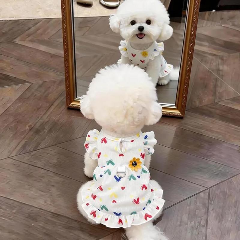 Sun Protection Lace Off-Shoulder Dress Thin Dog Princes Dress Flower Print Princess Skirt Anti-Static Puffy Skirt Small D...