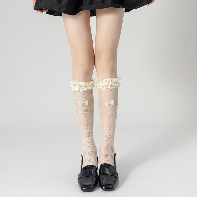 

Кружевные носки для женской весны и лета, тонкие махровые носки, носки до середины икры с кружевом в стиле Лолиты и балета 1 pair бежевый