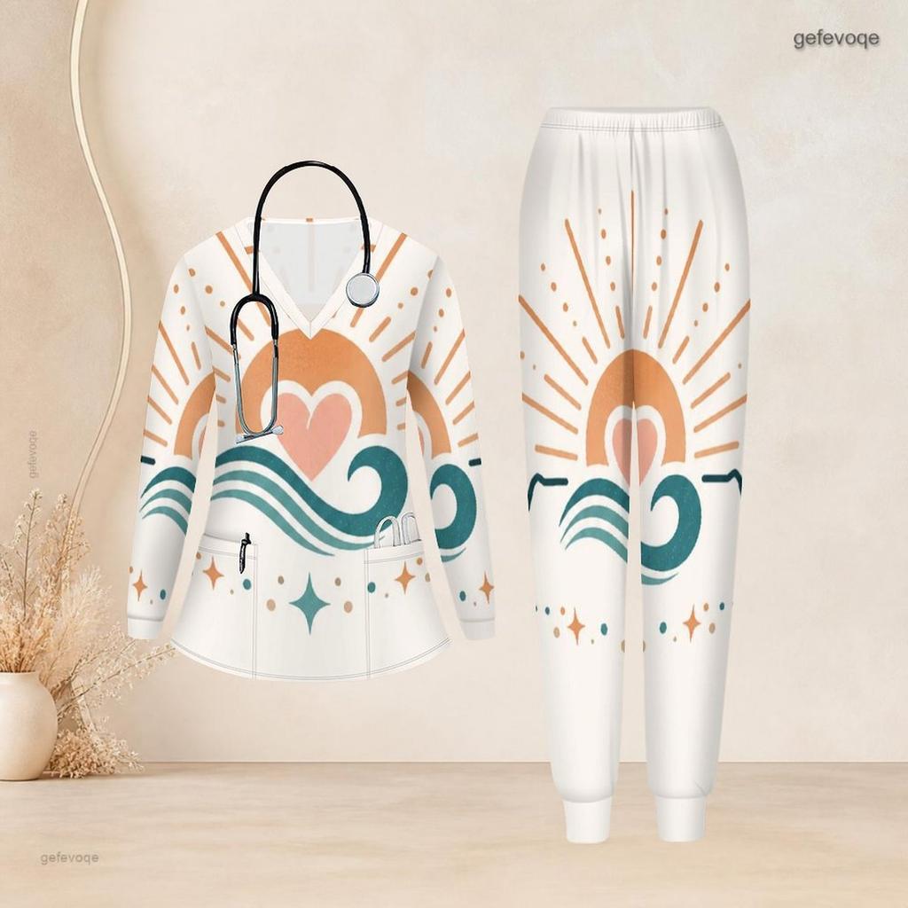 Women Plus Size V Neck Long Sleeve Scrub Set Boho Sun Heart Wave Star Art Print Nurse Uniform Set