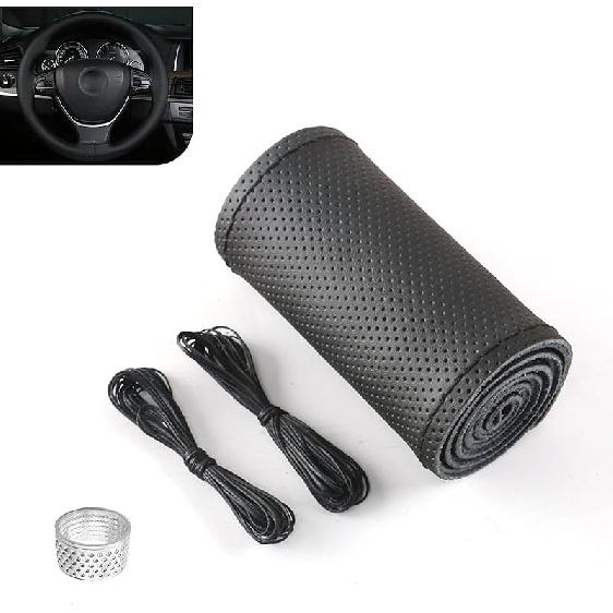 Leather Steering Wheel Cover, 15 Inch Hand Sewing Steering Wheel Wrap, Anti Slip Car Steering Wheel Protector Covers, DIY Sewing with Needle Thread,