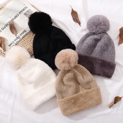 Bonnets pour femmes, chauds, doublure double couche, chapeau en flanelle épaisse, mode, faux pompon, chapeaux décontractés d'hiver pour femmes et filles