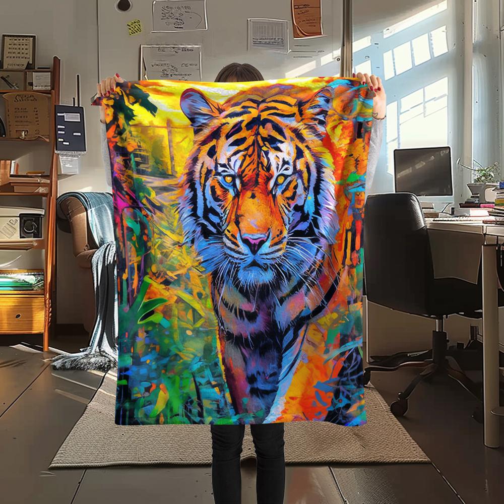 1Pc Tiger Fox Art Print Flannel Blanket, High Quality Comfortable for All Seasons, Home Decor, Warmth and Comfort, Perfect for Gifts