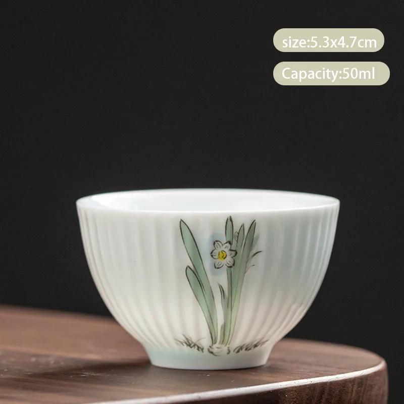 1 Pcs Chinese Handmade Ceramic Teacup Exquisite Hand-painted Flowers Tea Bowl Meditation Cup Porcelain Tea Set Master Cup