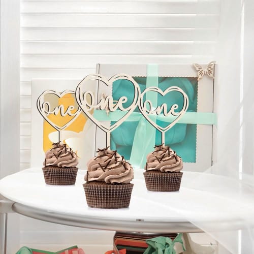 ESJNNK Wooden Cake Topper, 1st Birthday, One Happy Birthday, Heart-Shaped Cake Decoration, Party Decoration, Sweets, Fruits, Bento Box, Celebration, W