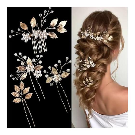 4-Piece Pearl Hair Pins Set, Gold Flower & Leaf Motif U-Pins, Handmade Wedding Headpiece, Bridal Hair Accessories for Parties, Ceremonies,