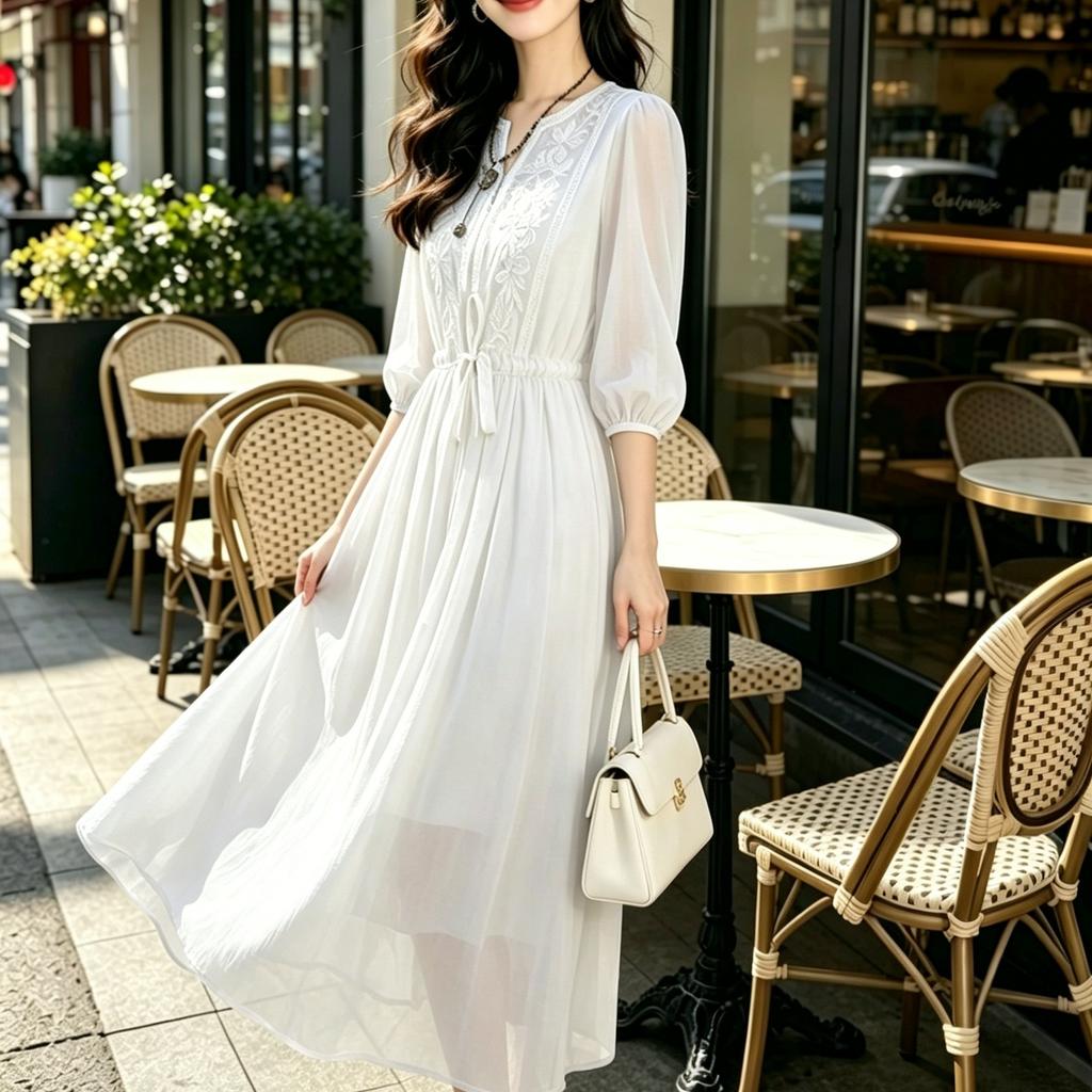 Embroidered chiffon dress for women's summer 2026 new waist small temperament seven-quarter sleeve medium and long dress
