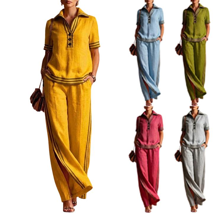 Conjunto de dos piezas para mujer, top casual de lino con cuello en V y pantalones, atuendo de dos piezas, corte relajado, tejido ligero y transpirable, adecuado para el uso diario