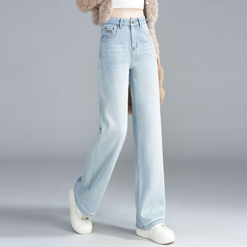 

Fleece-Lined Light Blue High-Waisted Barrel Leg Jeans - 2025 Autumn Loose Fit, Slimming, Solid Color. L (106-115 lbs)