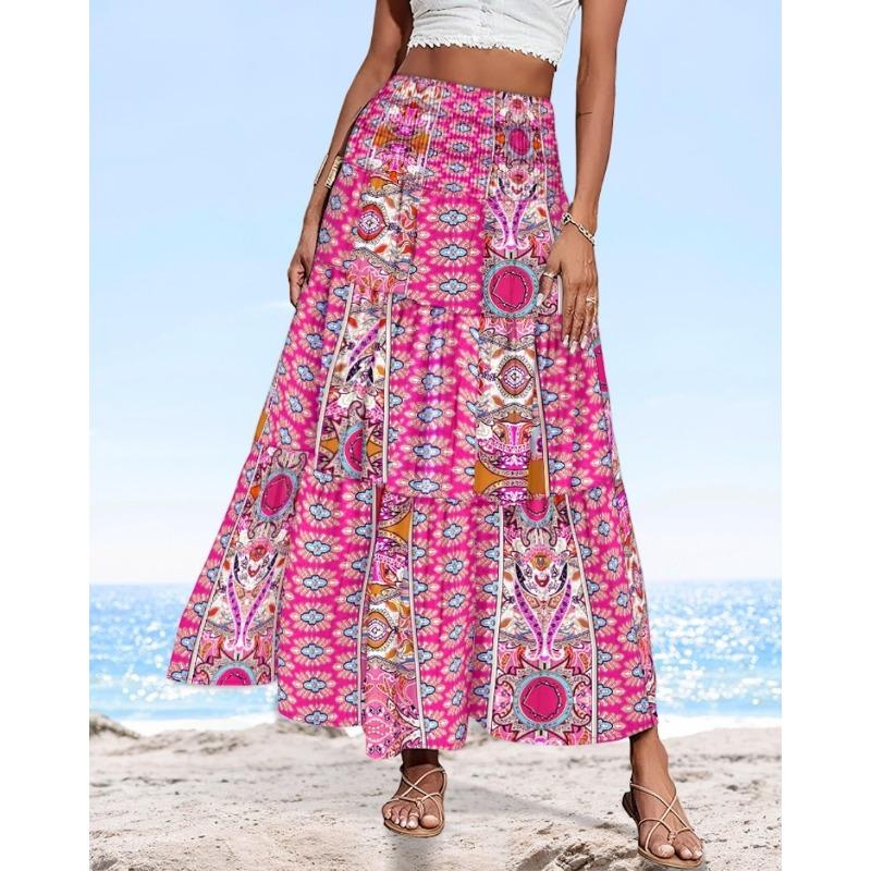 summer high waist elastic waist loose printed long skirt skirt women