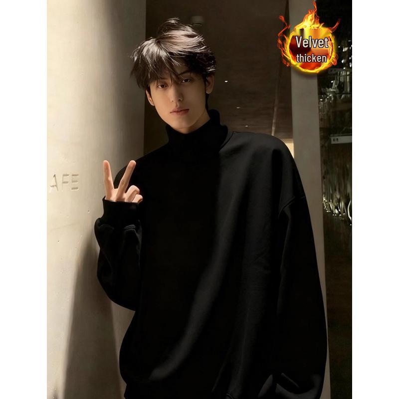 Men's Autumn/Winter Heavyweight Velvet Hoodie with Half-High Collar, Solid Color, American Style, Versatile and Casual.