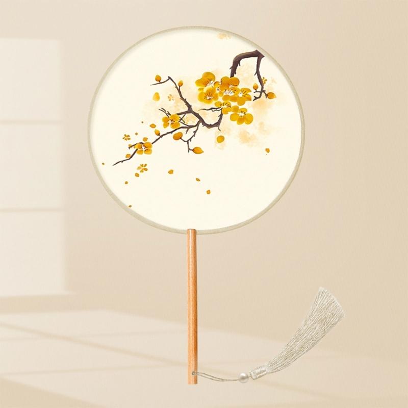 Chinese Fan with Pendant Handhelds Inks Painting Fan Tassels Round Silk Fan