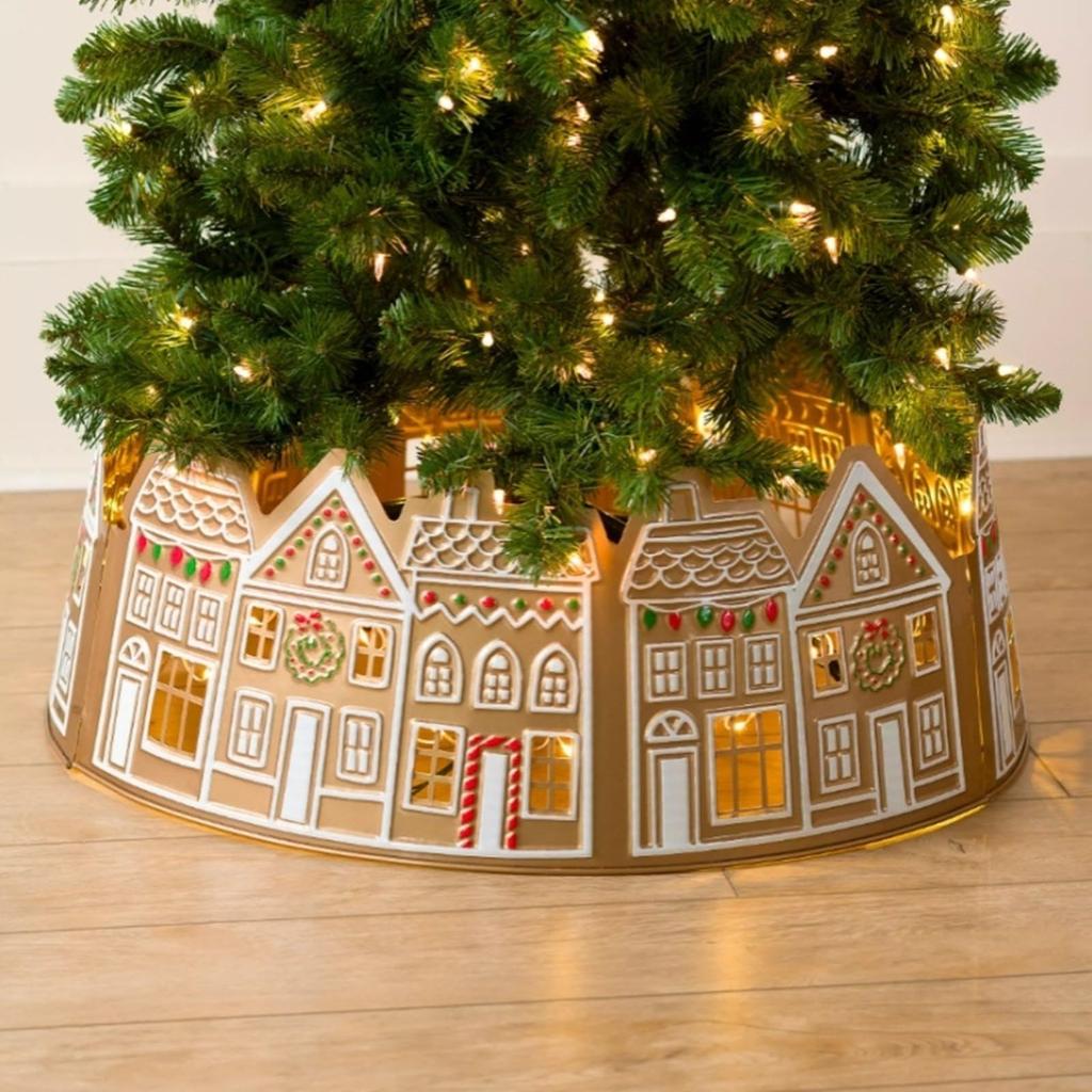 Gingerbread House Christmas Tree Collar Tree Skirt, LED Christmas Light Up Tree Skirt