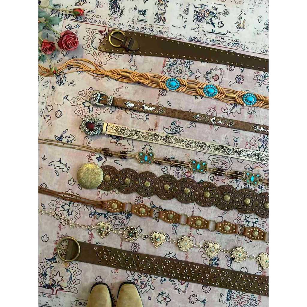 Cintura da Donna in Stile Etnico Marrone con Fibbia in Lega d'Argento per Vestiti Boho e Jeans