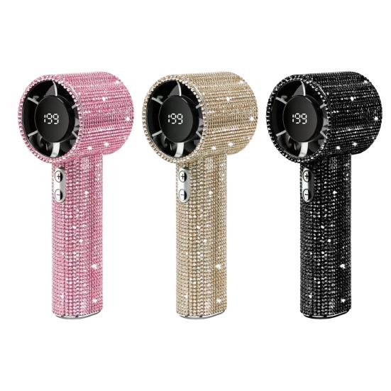 Rhinestone Handheld Fan with Digital Display Turbo High Speed Portable Mini Fan Quiet