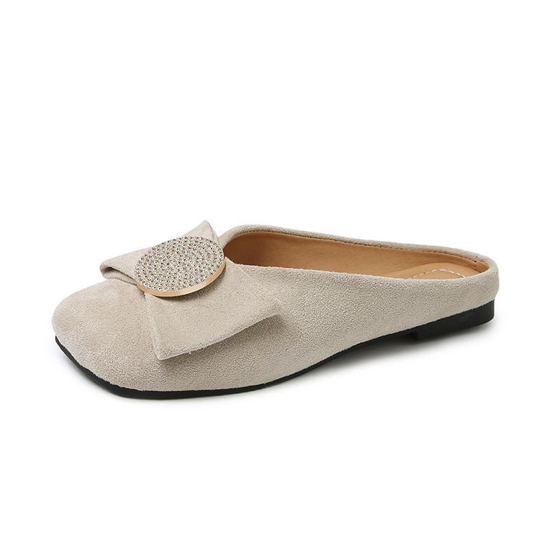 Fashion Square Head Shallow Mouth Cow Suede Slippers Summer New Baotou Crystal Buckle Soft Sole Anti-slip Wear-resistant Flat Shoes