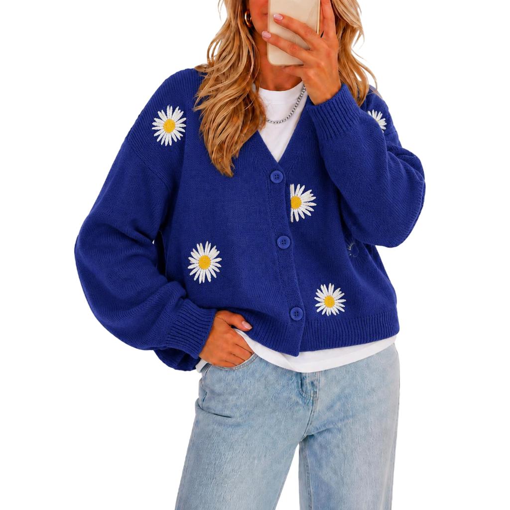 Women's Single Breasted Embroidered Knit Cardigan Sweater with Button Front and Long Sleeve