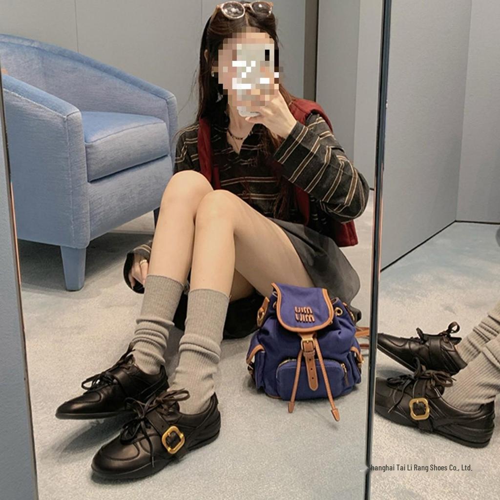 Genuine Leather Retro Style Women's Lace-Up Casual Ballet Shoes with Soft Sole and Cowhide Belt Buckle