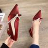 Spring Pointed Thick Heel High Heels Pearl Bow Single Shoes Medium Heel Red Wedding Shoes