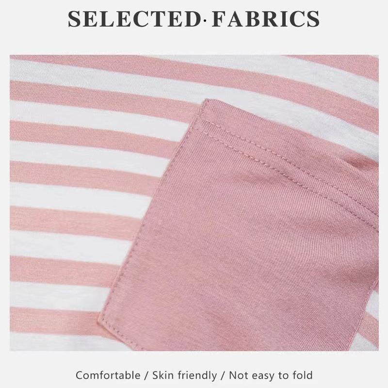 Ladies Autumn Winter Long Sleeve O Neck Striped Loose Pullover T Shirt Top with Pocket