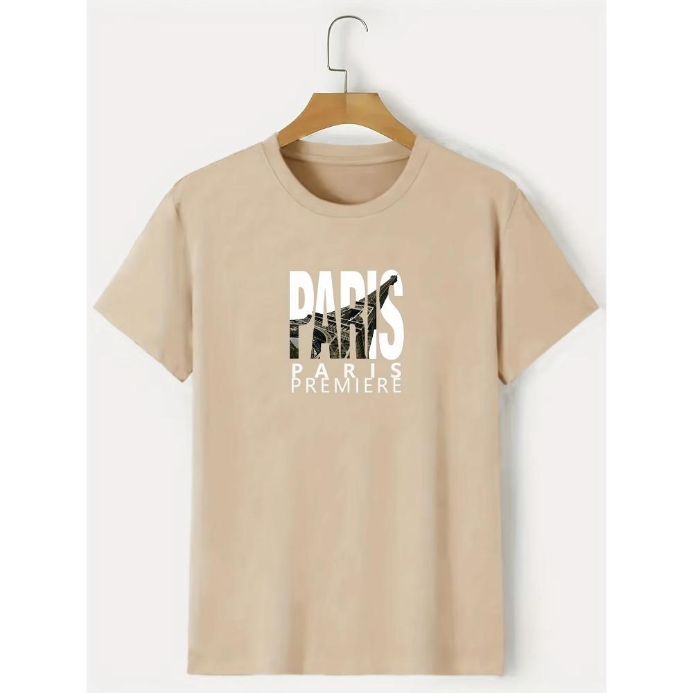 Eiffel Graphic T-shirt, Men's Casual Solid Color Slightly Stretch Round Neck Tee For Spring Summer