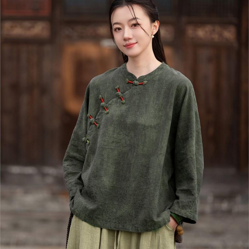 

Johnature Женские винтажные рубашки Топы Весна Пуговица Длинный рукав Однотонные Блузки в китайском стиле One Size темно-зеленого