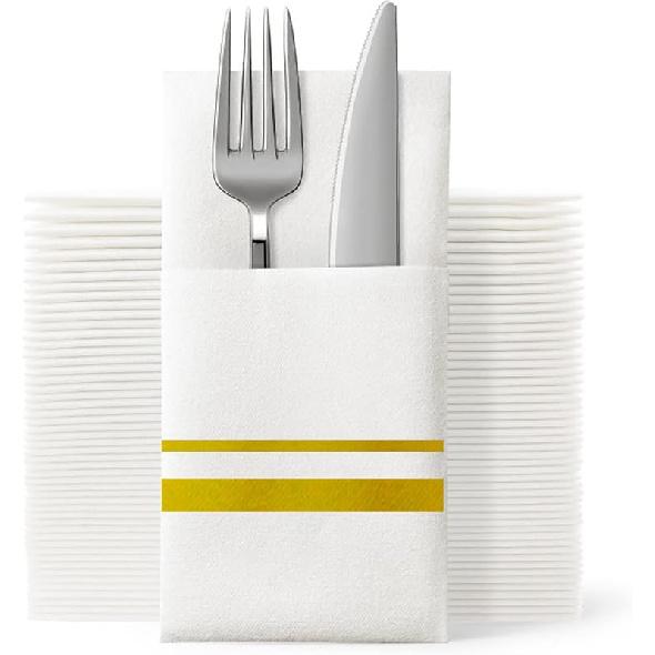 Disposable Dinner Napkins Cloth Like with Built-in Flatware Pocket,Wedding Party Linen Feel White and Golden Napkin, Prefolded for Silverware, 50 50 Count