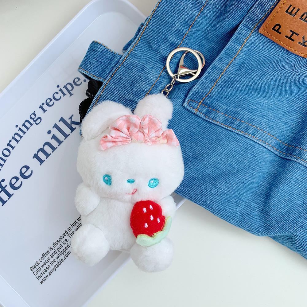 Charming Bowknot Strawberry Bunny Keychain Short Plush Toy Customizable In Three Colors