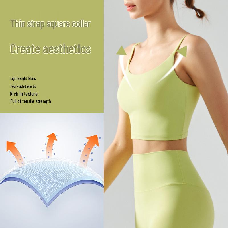 Women's Seamless Yoga Vest with Chest Pads - Square Neck Sports Bra with Strappy Back