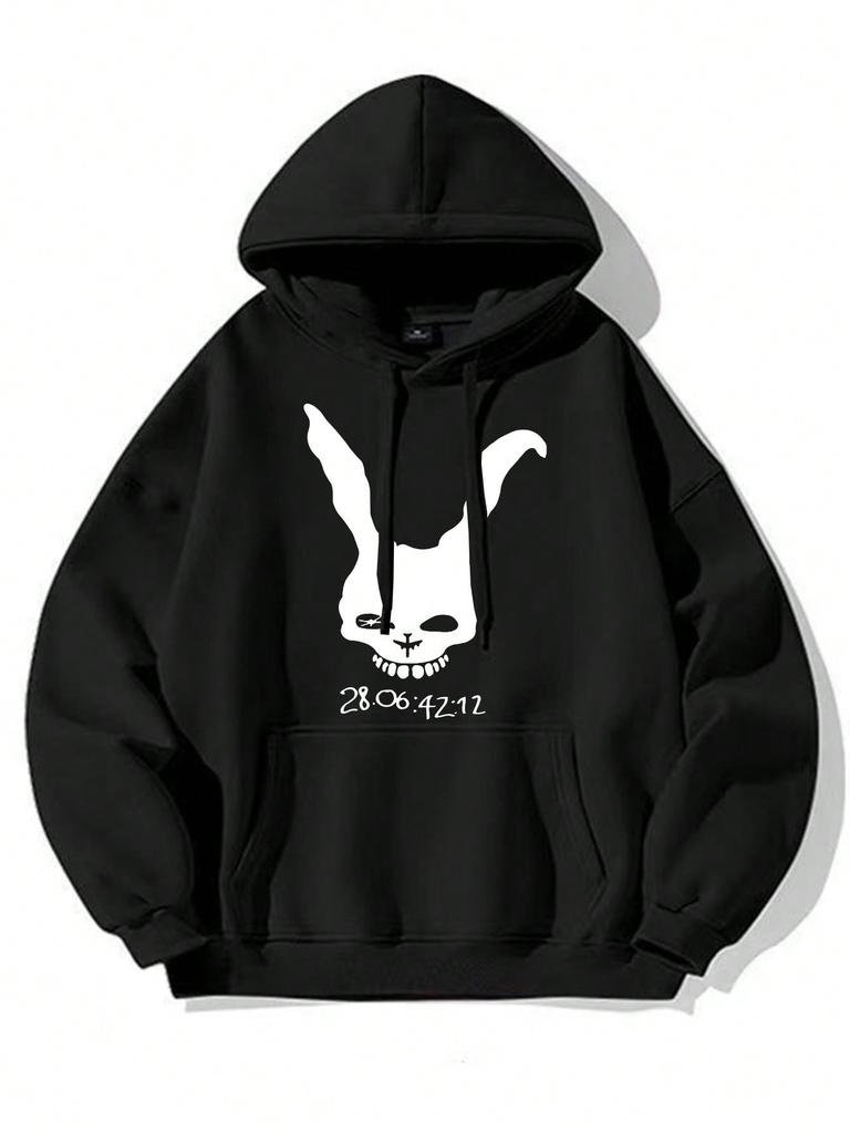 Men Front Print Hoodie, Dark Evil Rabbit Skull Graphic Hooded Sweatshirt, Gothic Streetwear Casual Loose Pullover Hoodie