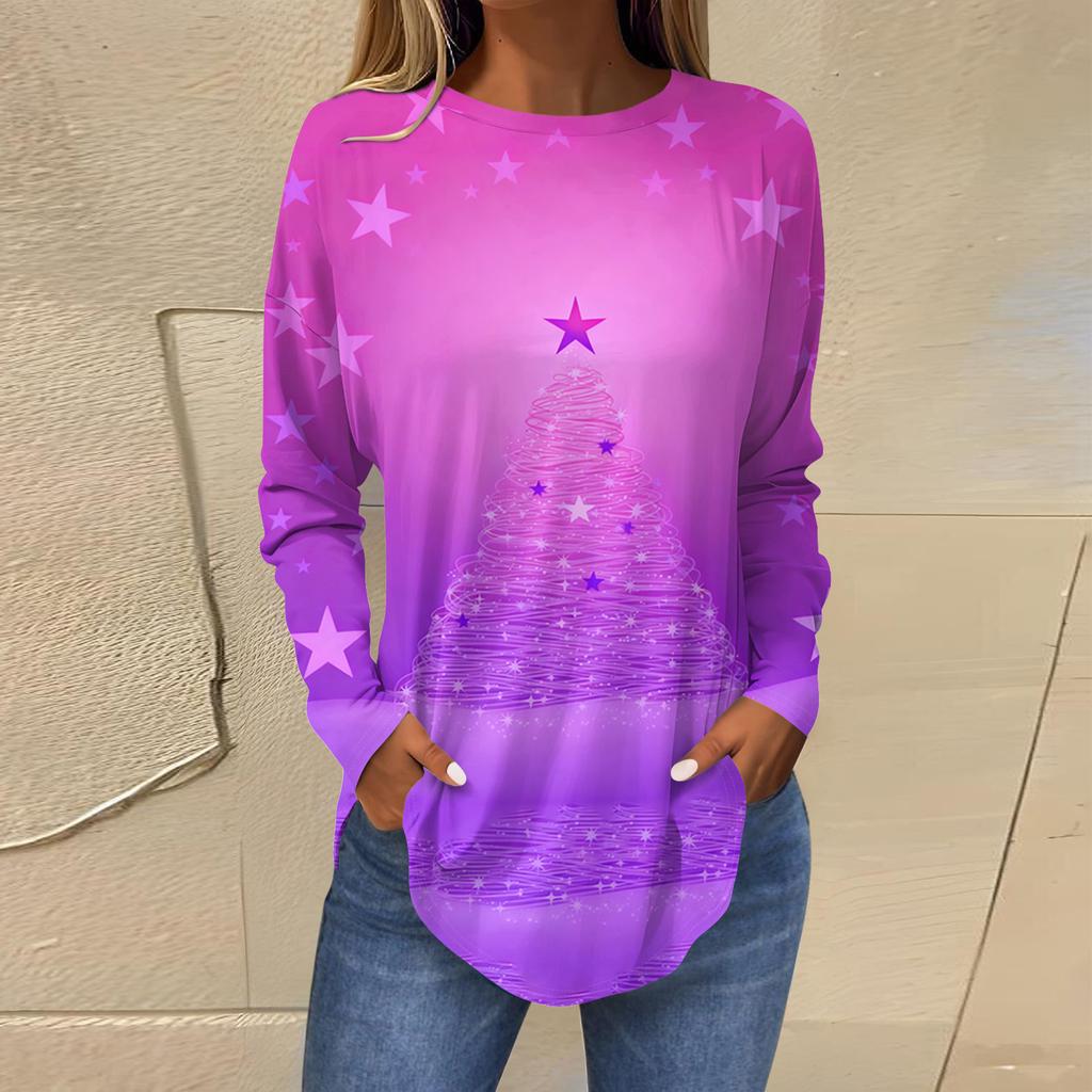 Dames Losse Comfortabele Casual Mode V-Hals Kerstprint Lange Mouw Hoodie