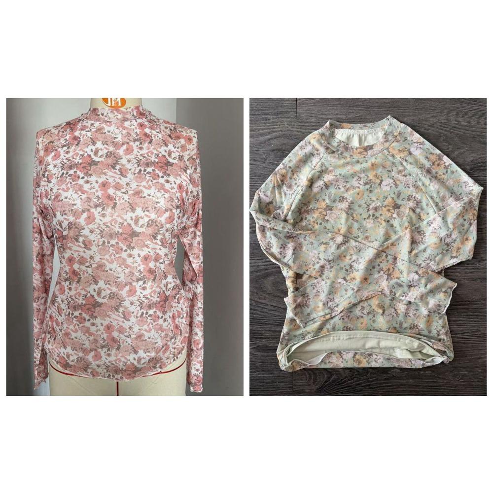 Women's Sexy Mesh Printed Top Half High Neck Long Sleeved T-shirts