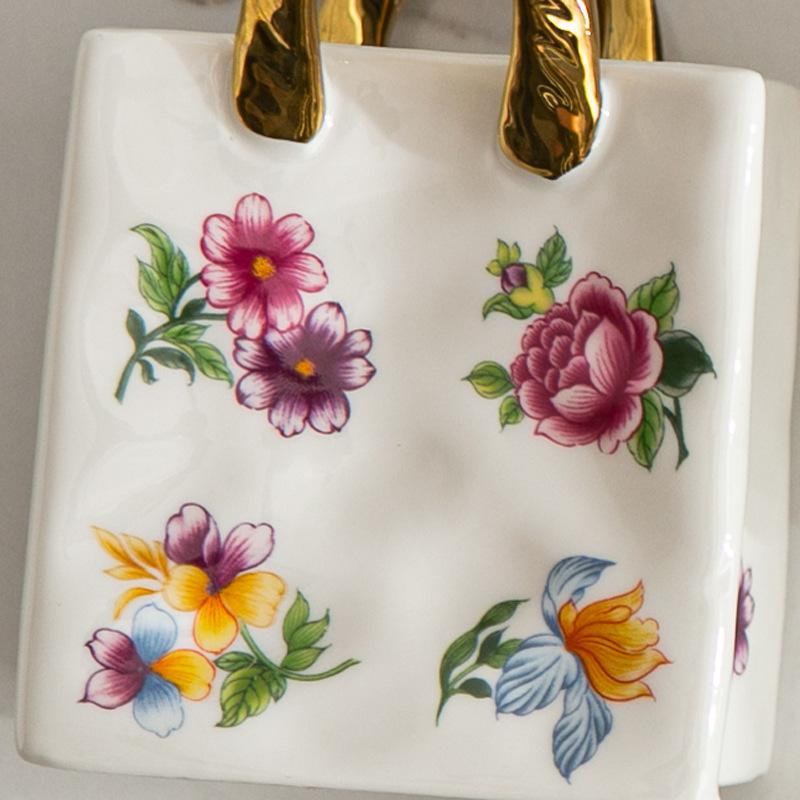 CeramicTote Bag Desktop Storage Container Pen Holder Makeup Brush Diningware Storage Box Retro Floral Handbag Home Decoration