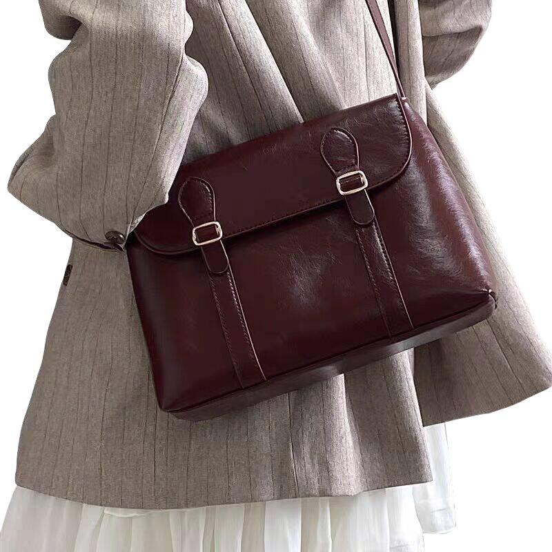 Bag Leather Women'S Bag Retro Hong Kong Style Mailman Bag Premium Sense Shoulder Crossbody Bag Luggage