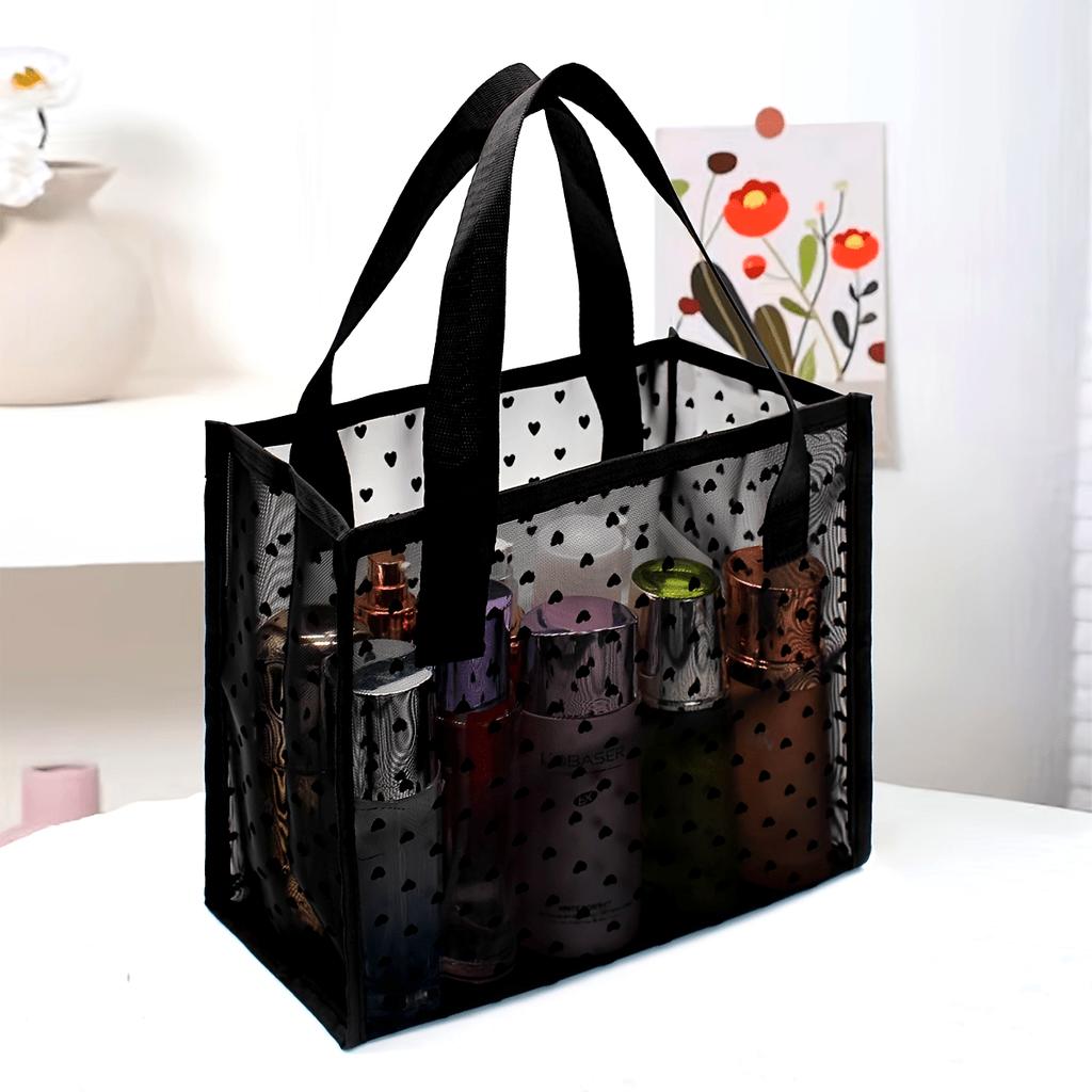 1pc Black Mesh Tote Bag with Heart Decor, Minimalist Cosmetic Storage Handbag for Women, Durable & Lightweight Design, Sturdy White Dots Pattern
