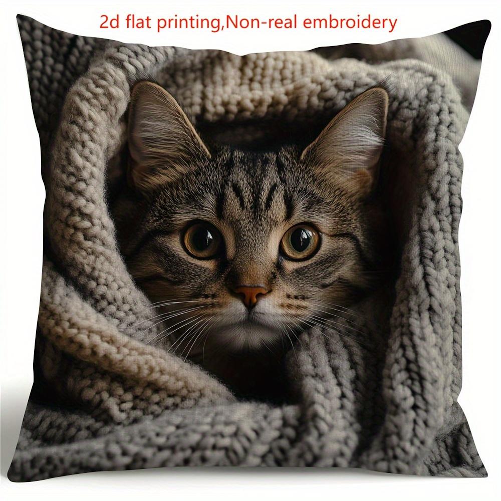 1pc Striped Cat Plush Pillow Cover 45.72x45.72 cm - Contemporary Style Single-Sided Printed Design, Zipper Closure & Machine Washable, Cozy Home Decor