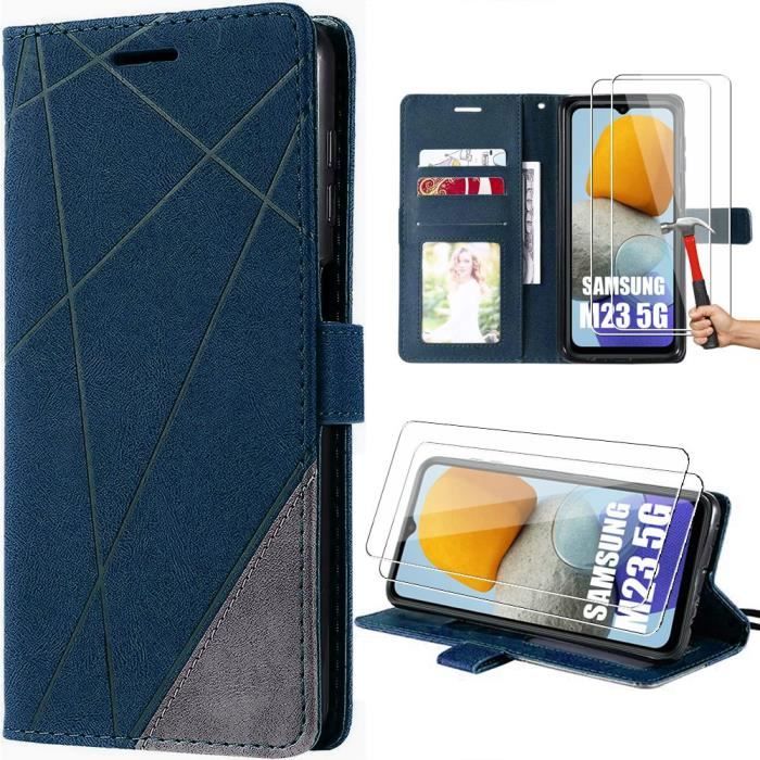 Coque + 2 Verres Trempé pour Samsung Galaxy M23 5G, Coque Effet Cuir Bleu Marine