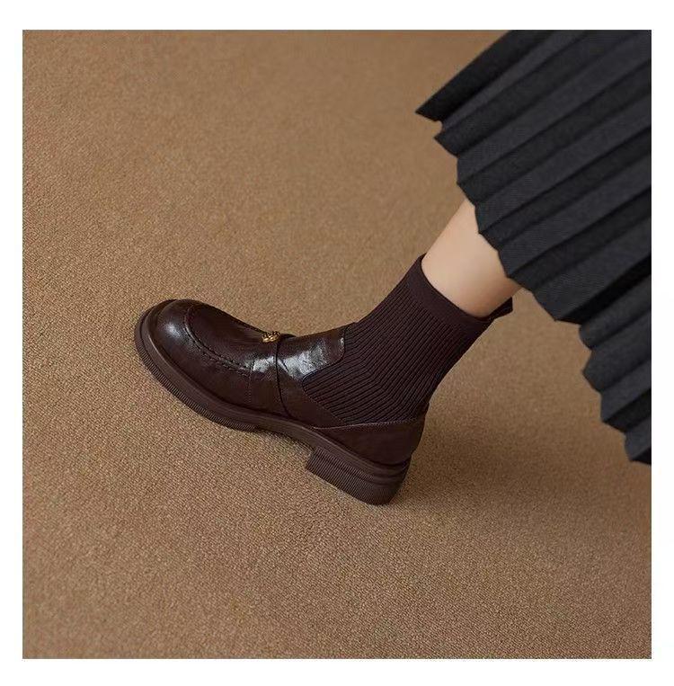 Women's Soft Leather Knit Sock Ankle Boots with Round Toe and Thick Sole, Plus Velvet Lining