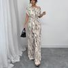 Women European American Striped One Shoulder Lace Up Wide Leg Jumpsuit