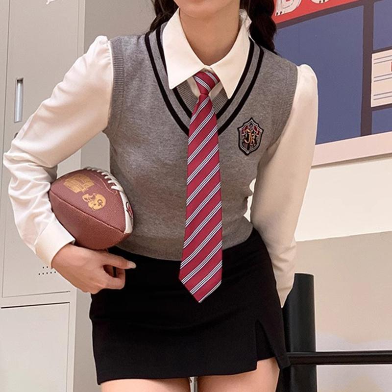 y2k Shirt Women Preppy Style Contrast Color Lapel Collar Long Sleeve Top with Tie 2000s Aesthetic Clothing Streetwear