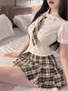 New College Style Sweet Girl Student Dress Strap Temptation Waist Skorts Two Piece Skirt Shirt Sex Uniform Set Sweet Buj7