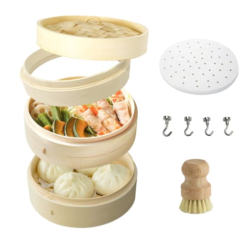 DQCORAL Bamboo Steamer, 24cm, 2-Tier, Single Unit [Includes 100 Sheets, Sandpaper (to Prevent Splinters), Height Adjustment Wheel, and Brush]. Handcra