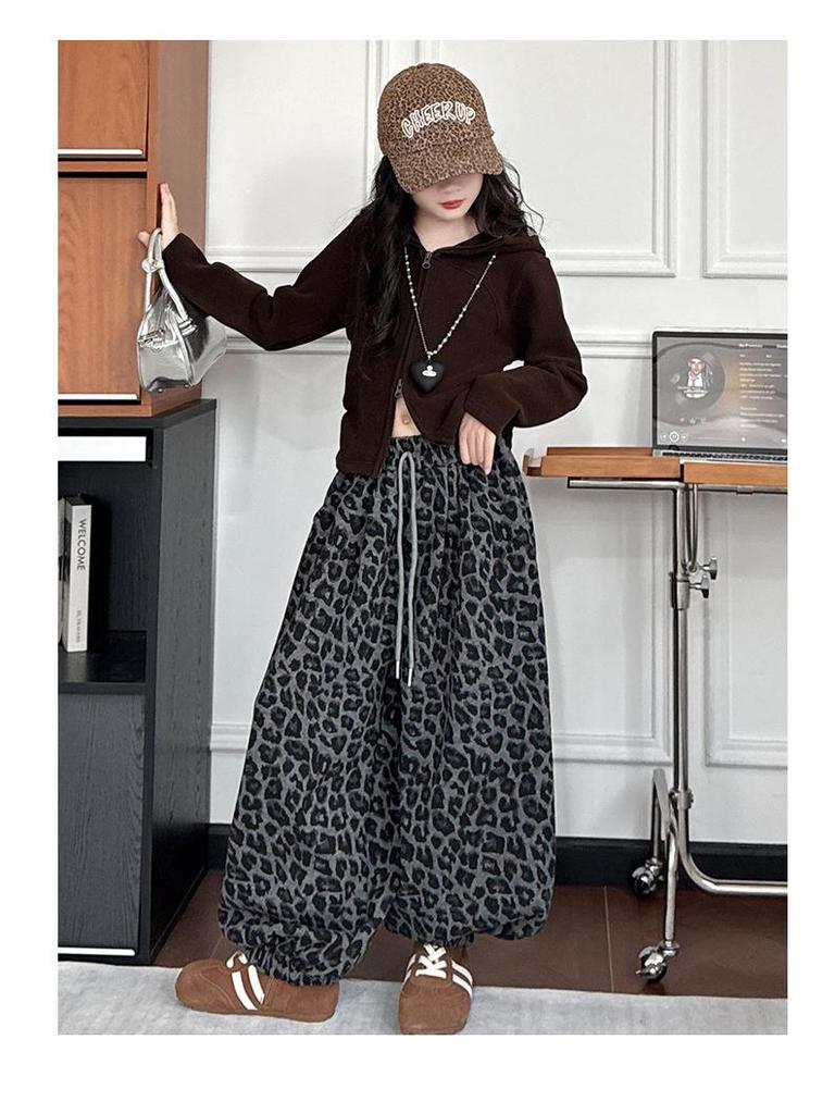 Leopard Print Fleece-Lined Lantern Pants - Korean Style, Thickened Sweatpants for Girls
