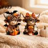 Fine Carving Wood Art 2PCS Highland Cow Ornament, Wooden Rustic Style Figurine, Thanksgiving Home Decoration Theme Art, for Entrance Living Room Decor