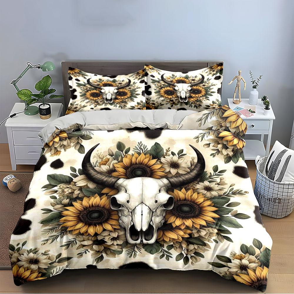 Cow Skull and Sunflower Set Bedding Duvet Cover Set Duvet Cover Pillowcases (1 * Duvet Cover 2 * Pillowcases, Without Duvet Insert)