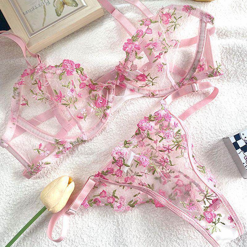 Dámská sexy krajková květinová souprava podprsenky Jednovrstvá podprsenka s kosticemi Tanga Bikini Lingerie Set