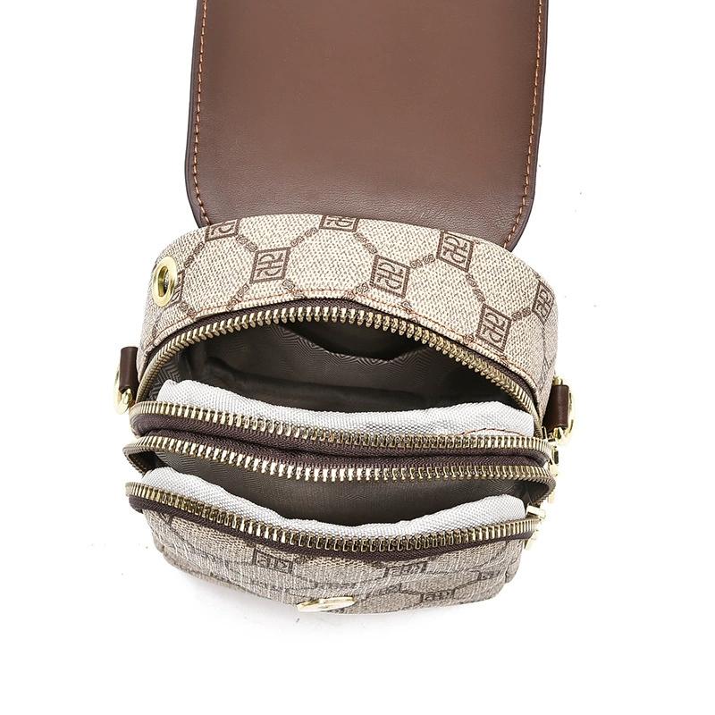 Double Zipper Mini Crossbody Bag for Women Vintage Small Monogram PU Leather Dual Zip Phone Pouch Adjustable Shoulder Strap