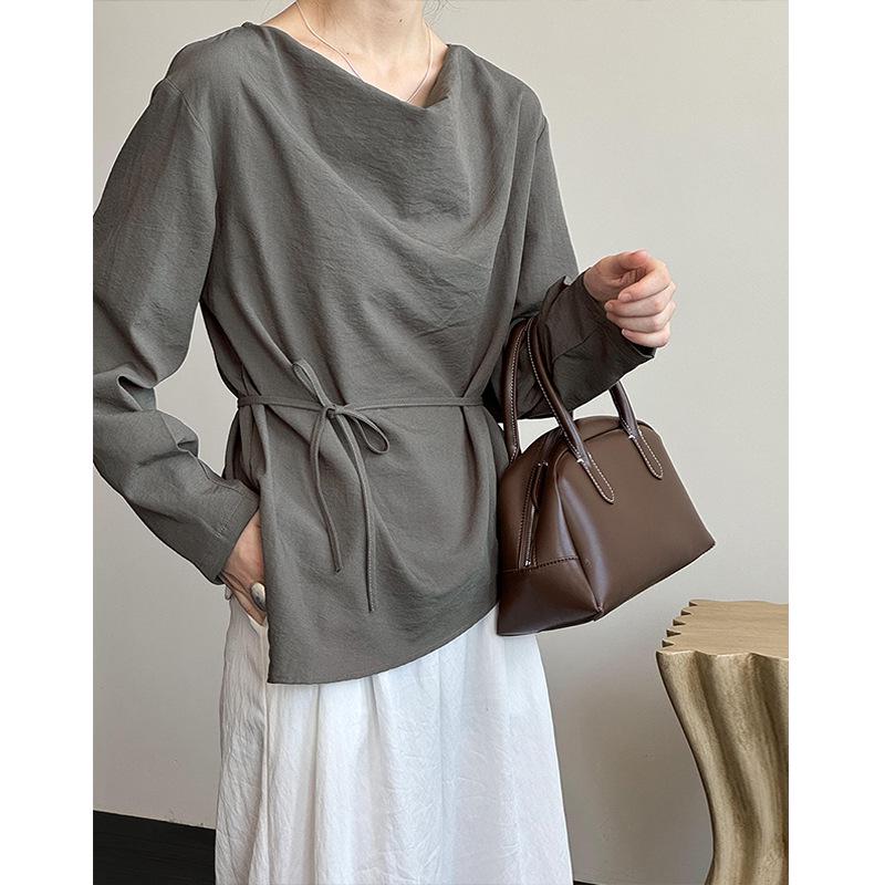 Orange Zhi Spring Women's Tie-Up Loose Fit Shirt with Stacked Collar - Versatile, Simple, and Stylish