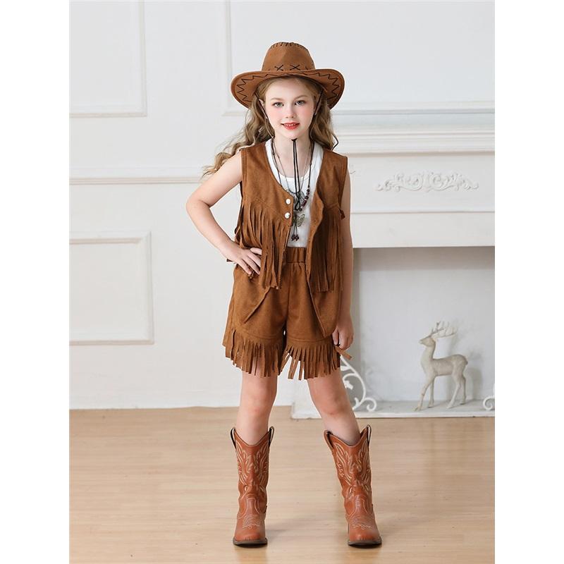 

Детский фестивальный жилет с бахромой, замшевый, в стиле вестерн, ковбойские шорты, наряд для выступлений в стиле хиппи для девочек 120 коричневый